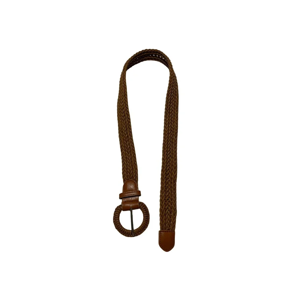 Womens Brown Braided Woven Belt Boho Round Buckle Cognac 35 Inch